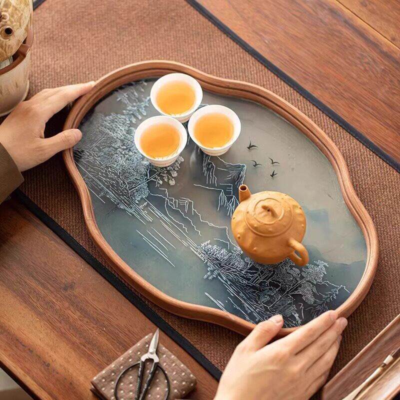 玻璃海棠干泡盘家用小型泡茶台客厅办公泡茶喝茶托盘茶盘功夫茶具