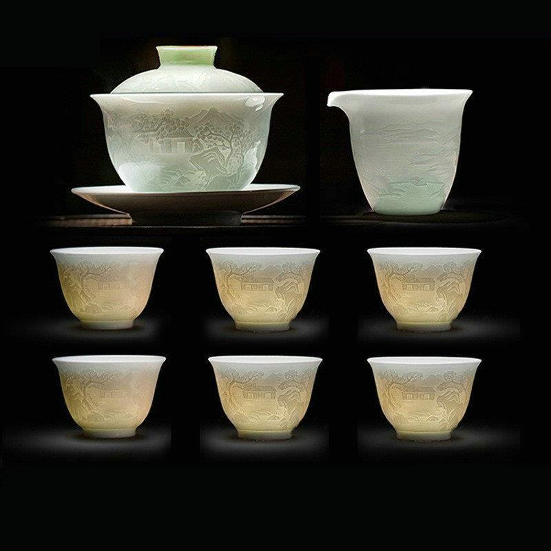 出口品质景德镇源影青白瓷南山雕刻功夫茶具套装陶瓷三才盖碗