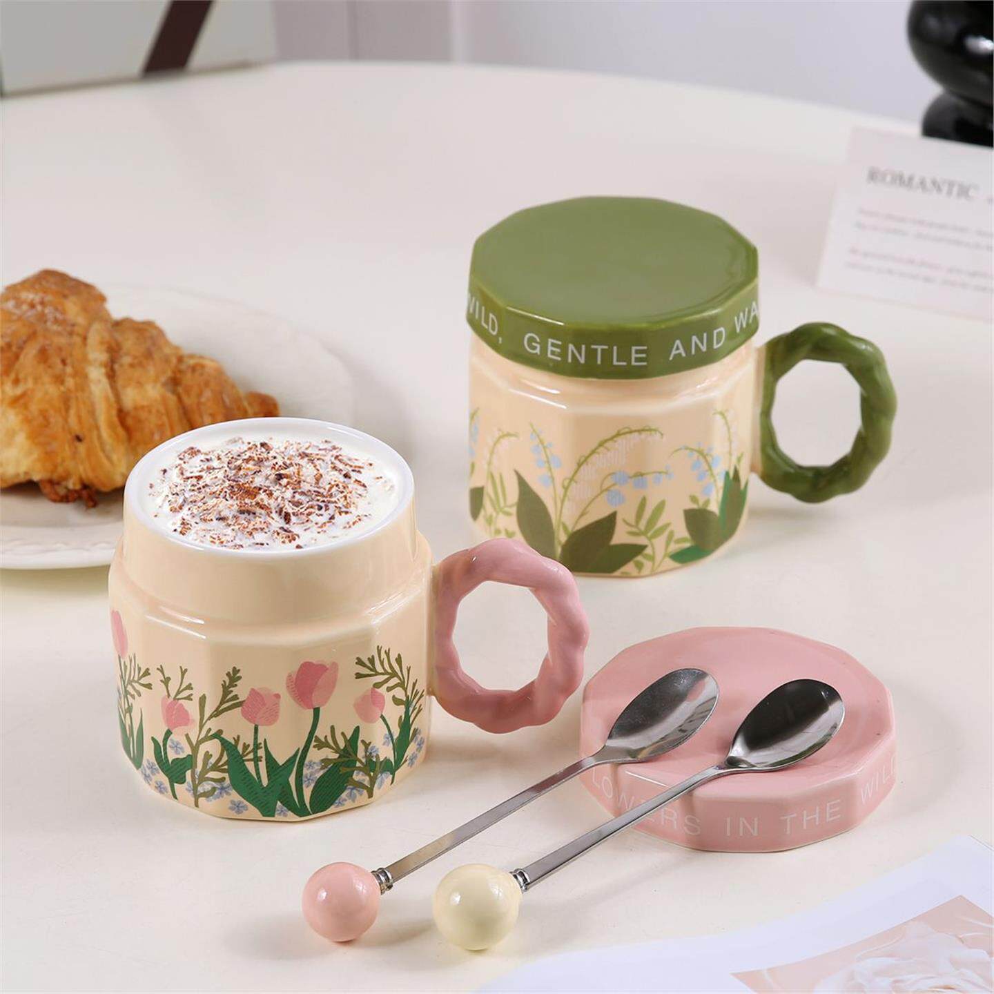 杯子花朵繁花早餐带盖马克杯礼家用水杯高颜值伴手优雅陶瓷男女生