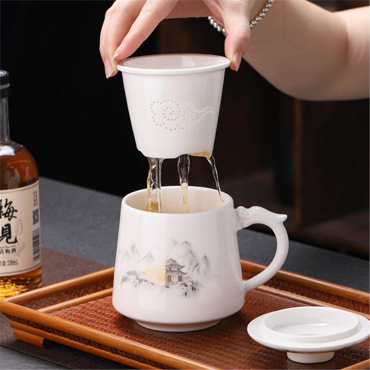 杯泡茶水杯带盖陶瓷大容量把手分离带羊脂玉办公茶水喝水家用会议