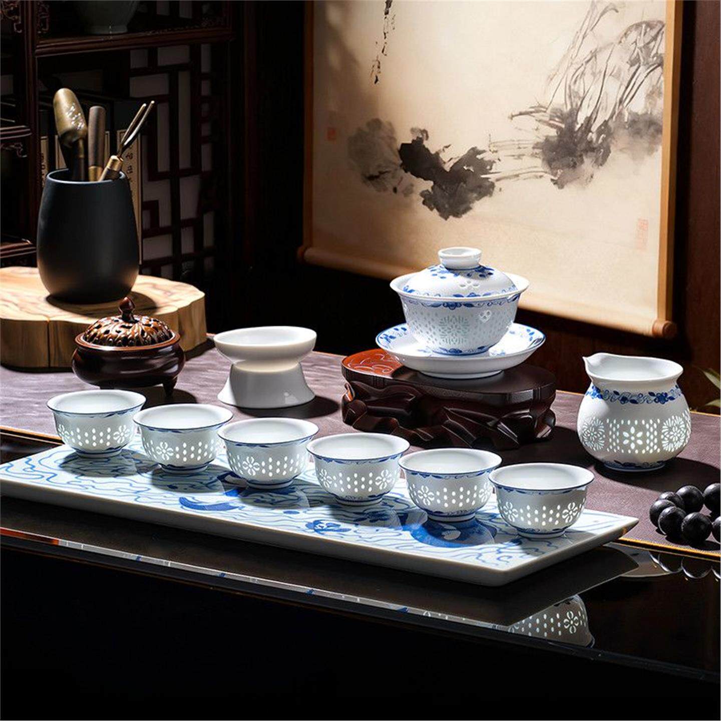 家用送礼青花镂空套装青花瓷茶壶中式茶杯玲珑景德镇功夫茶具陶瓷