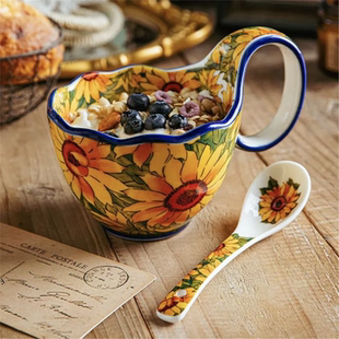 向日葵咖啡杯豪华曲手绘杯瓷碗彩釉陶水杯把杯家用陶瓷马克杯早餐