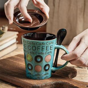 个性勺复古带盖〖〗咖啡杯杯子尾巷子家用铁马克杯陶瓷蓝色拿潮流