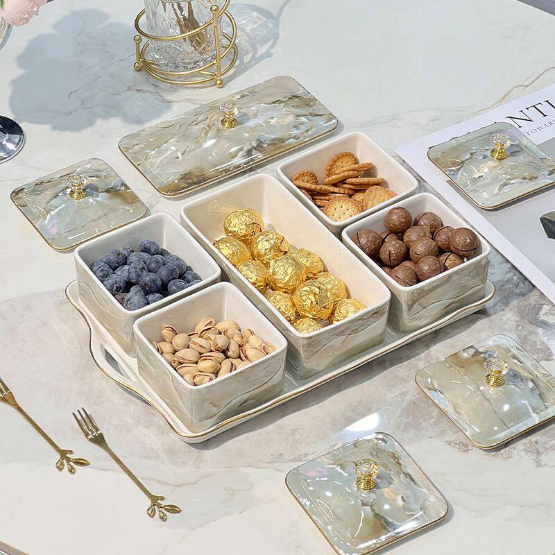 陶瓷水果盘客厅轻奢高档家用下午茶点心盘坚果干果零食分格收纳盒