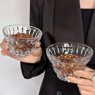 复古设计师款甜品碗刻花纹ins风水晶玻璃碗燕麦水果雪糕冰淇淋碗