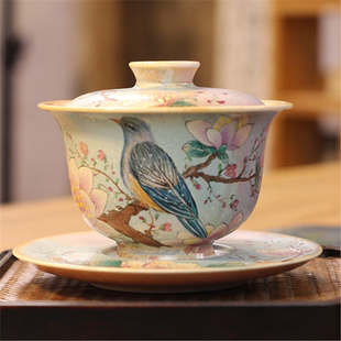 茶杯盖碗家用泡茶碗礼盒装茶壶玉兰花鸟手工陶瓷三才宝瓶手绘茶具