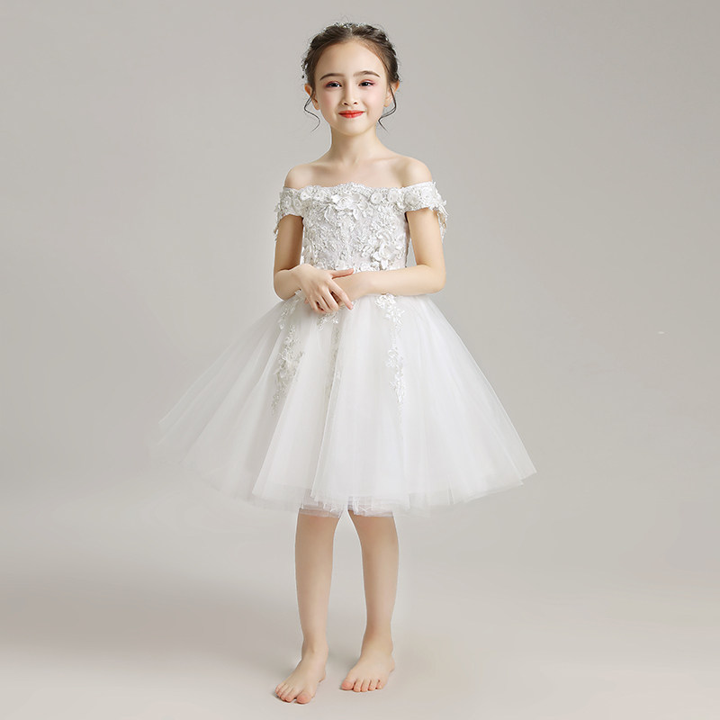 女童一字肩公主裙蓬蓬纱儿童晚礼服婚纱结婚礼裙小花童裙子白色冬