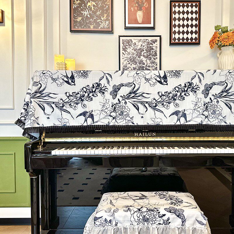 法式燕子轻奢钢琴罩高级感黑白复古钢琴防尘盖布通用全罩半罩电钢