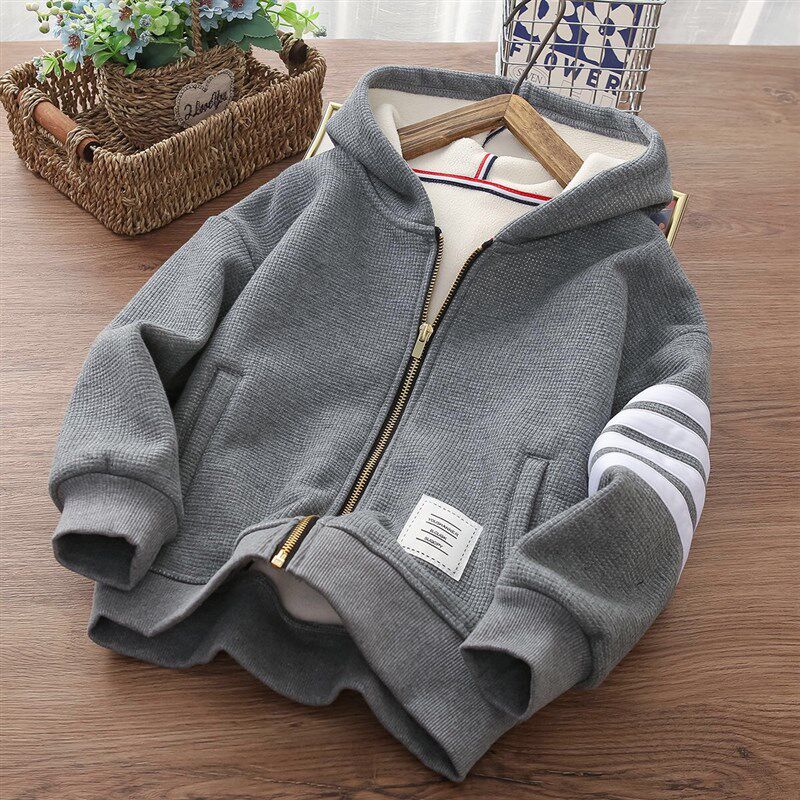 男童加绒外套秋冬装新款连帽儿童一体绒开衫卫衣 中大童加绒卫衣