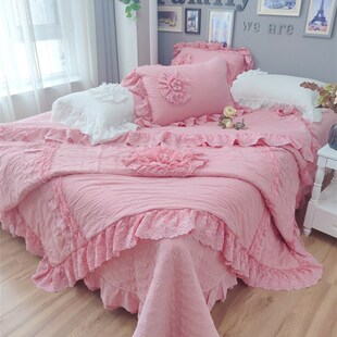 韩国120支酵素砂洗纯棉立体盘花蕾丝菲边多用被床盖枕套四件套