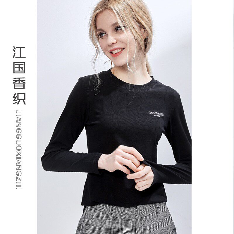 长袖t恤女2021年春季新款春款小领内搭上衣白色纯棉修身打底衫