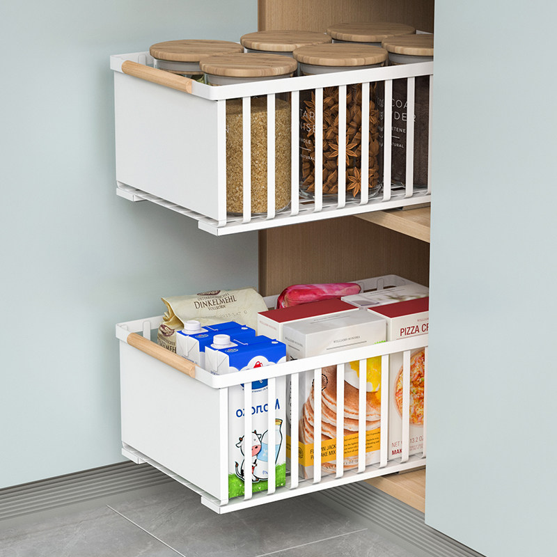 调料置物架抽拉式轨道收纳盒橱柜拉篮单层自带滑轨厨房抽屉置物架