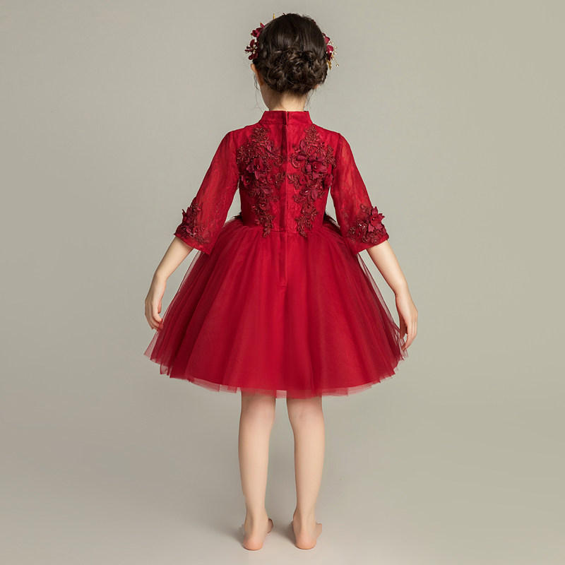 儿童晚礼服公主裙女童高贵走秀婚纱长袖蓬蓬纱小花童钢琴演出服冬