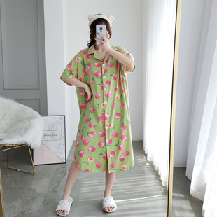 加大码针织棉短袖开衫睡裙夏季宽松孕妇胖mm200斤长款衬衫裙睡衣