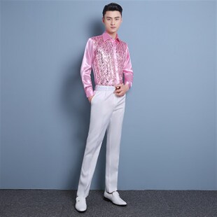 彩色亮片衬衫舞台演出男士衬衣广场舞大合唱表演主持歌手服装大码