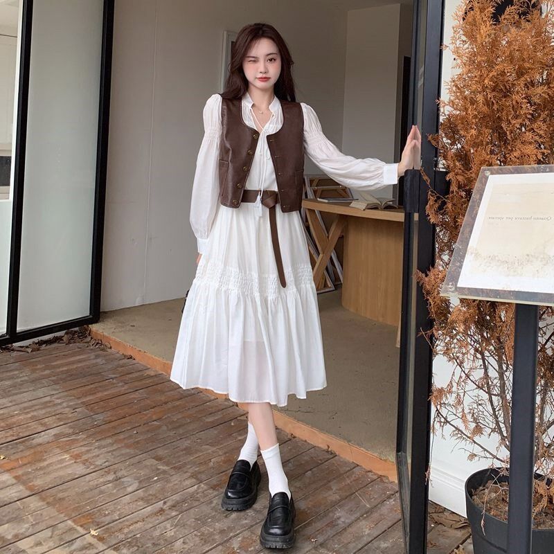 俏皮活泼套装女秋季气质收腰显瘦连衣裙百搭皮马甲背心上衣两件套