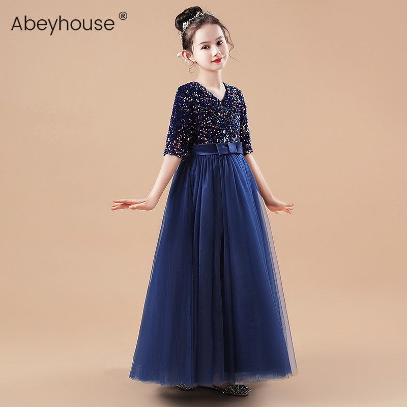 儿童礼服中大童钢琴演出服女童中袖节目主持礼服小女孩高端公主裙