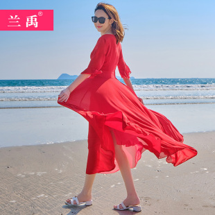三亚红色沙滩裙短袖长款连衣裙波西米亚长裙巴厘岛海边度假裙子女