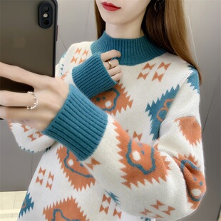 半高领毛衣女短款2022秋冬新款拼色宽松打底衫长袖加绒加厚针织