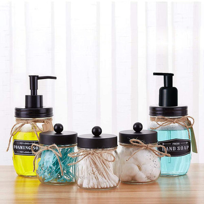 MasonJar乳液器玻璃罐洗手液瓶创意分装按压式棉签棉球瓶套装组合