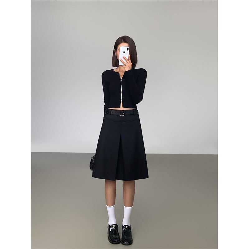 ousph 高级灰色小众高腰开叉半身裙女2024新款口袋气质中长西装裙