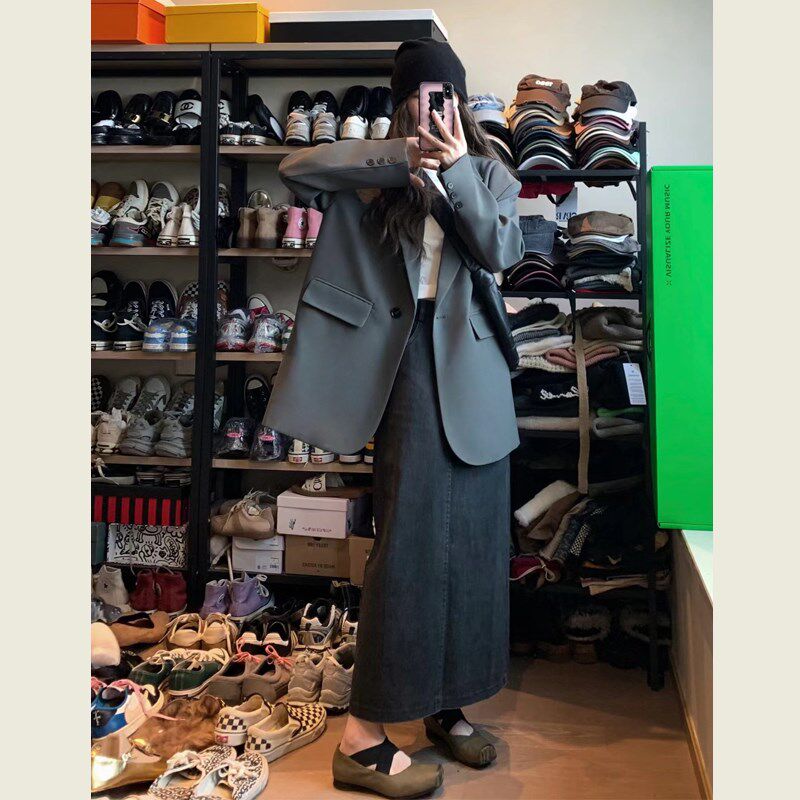 灰色西装外套女春新款高级设计感休闲小个子廓形宽松显瘦西服上衣