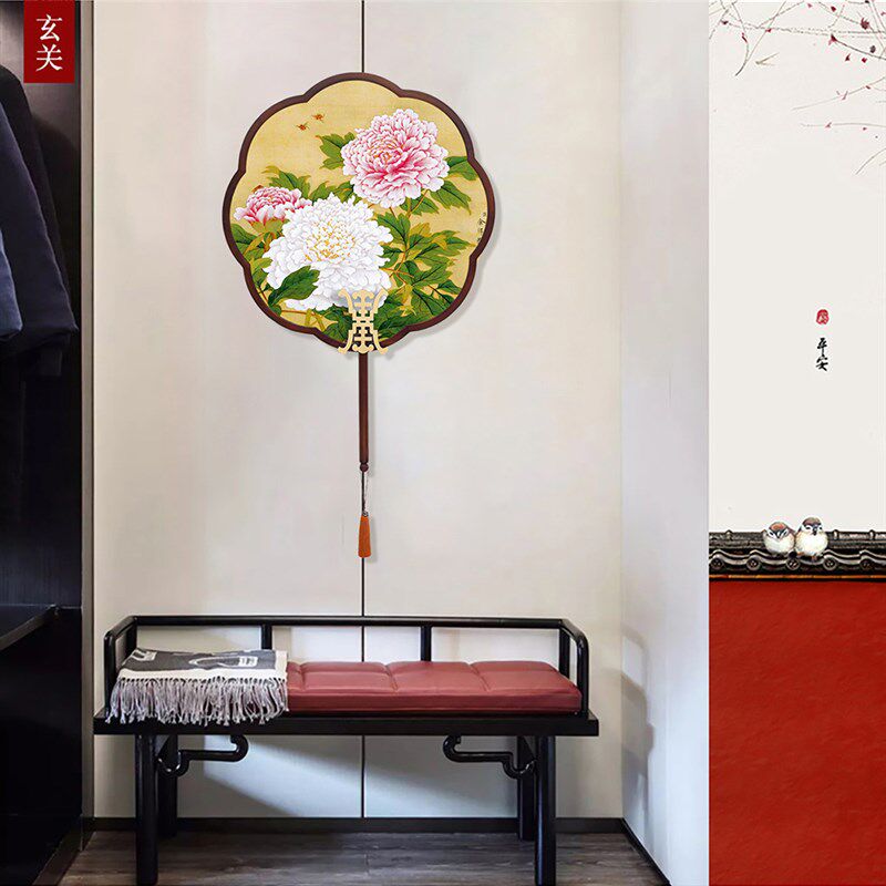 新中式壁挂中国画扇面客厅玄关装饰品宋式茶室荷花古风花鸟壁饰