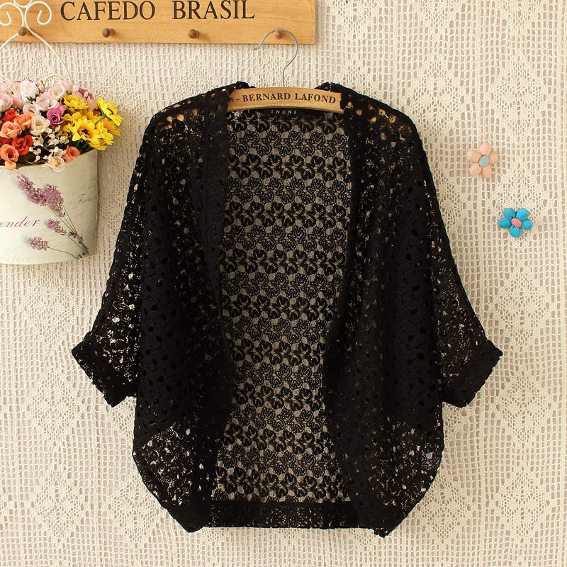 网红蕾丝薄开衫外套春夏外搭空调衫宽松蝙蝠镂空五分袖女披肩网衫