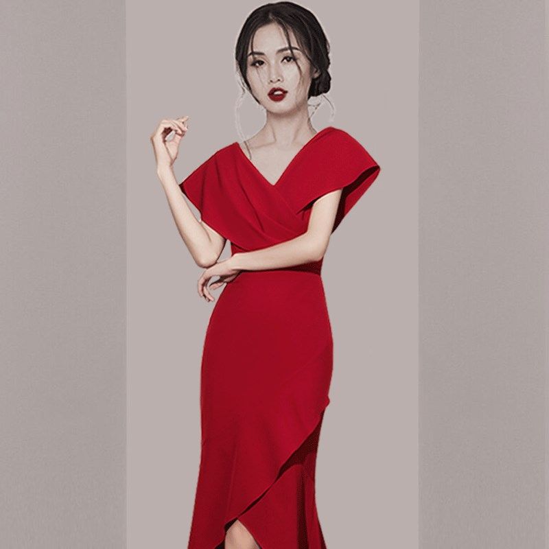 新娘敬酒服红色晚礼服2021新款v领鱼尾优雅主持人宴会裙大气订婚