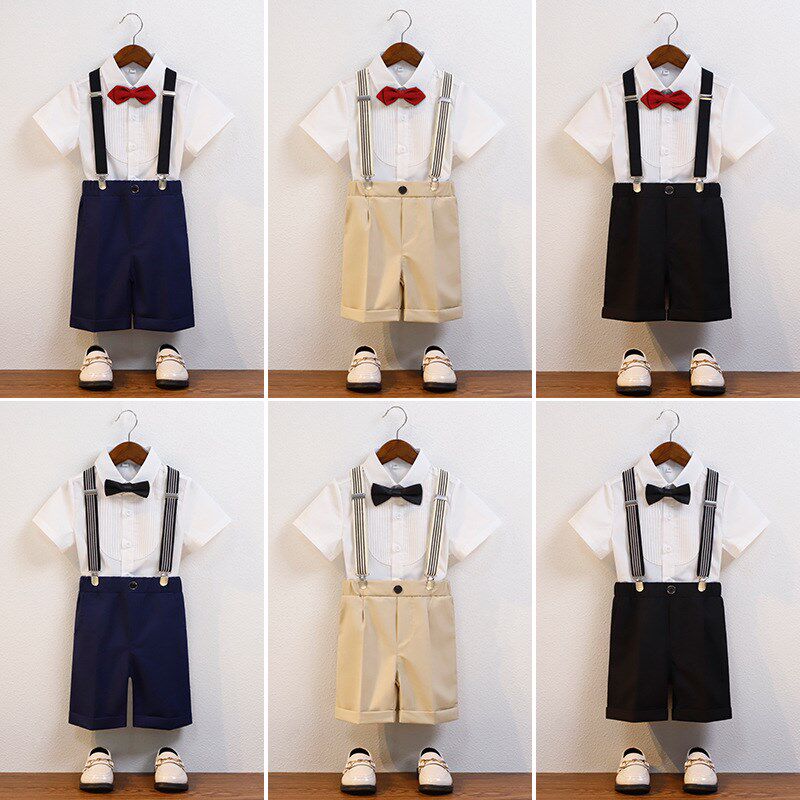 儿童男童礼服西装短袖背带裤套装宝宝周岁演出服英伦花童六一夏季