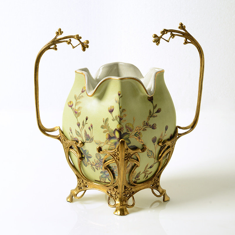 美式欧式创意高端温馨餐厅餐桌陶瓷配铜花插花瓶家居饰品装饰摆件
