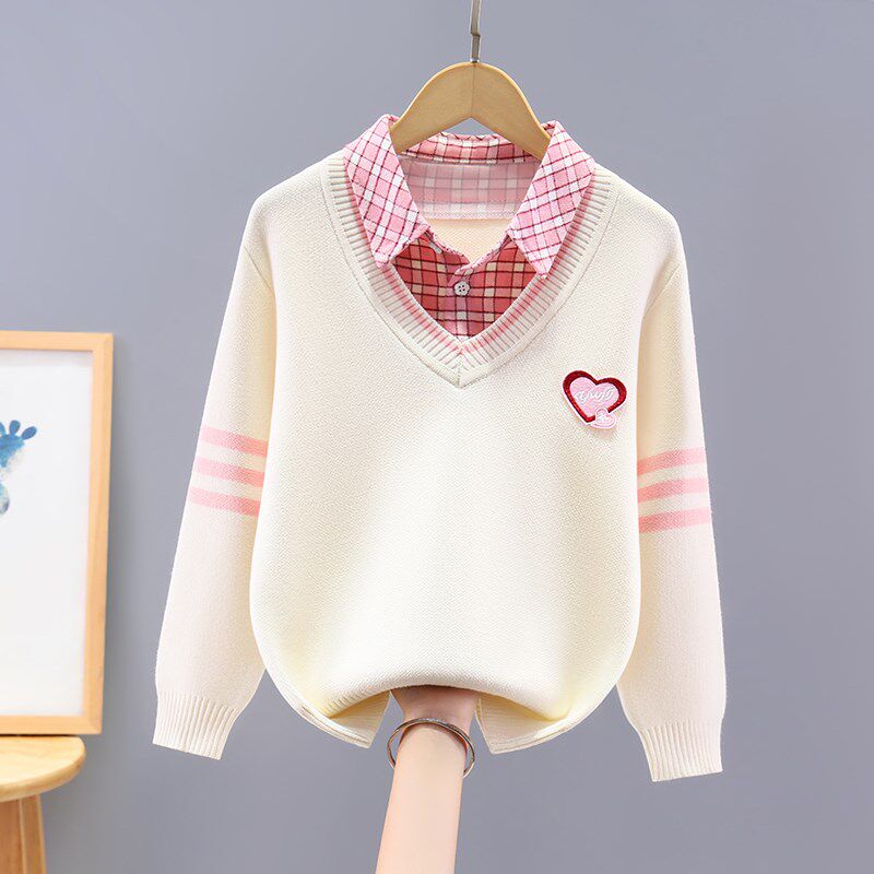 女童毛衣衬衫领拼接纯棉假两件针织衫2025秋冬甜美女孩中大童衣服