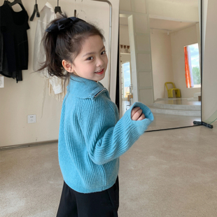 女童坑条拉炼开衫秋款针织上衣2023秋装儿童蓝色毛衣外套女孩童装