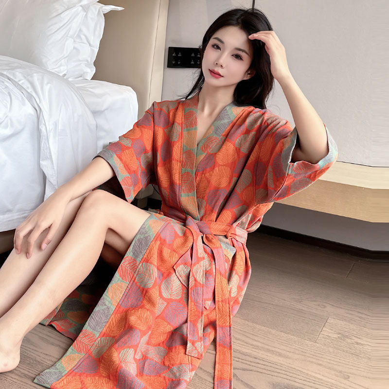 中长款纯棉睡袍大码女胖mm棉纱夏季薄款宽松浴袍家居服睡衣200斤