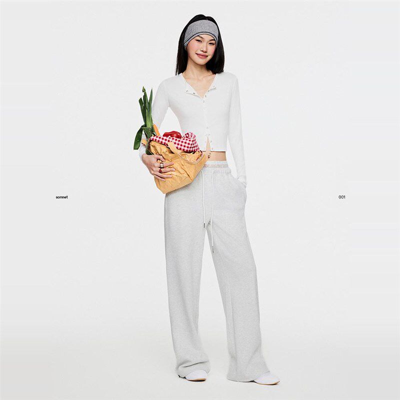 asomesome美式蕾丝拼接腰头宽松直筒卫裤女春款拖地灰色休闲裤子