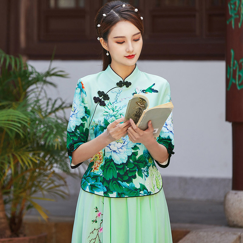 中国风女装中式茶艺服装复古汉服改良旗袍上衣春夏唐装套装两件套