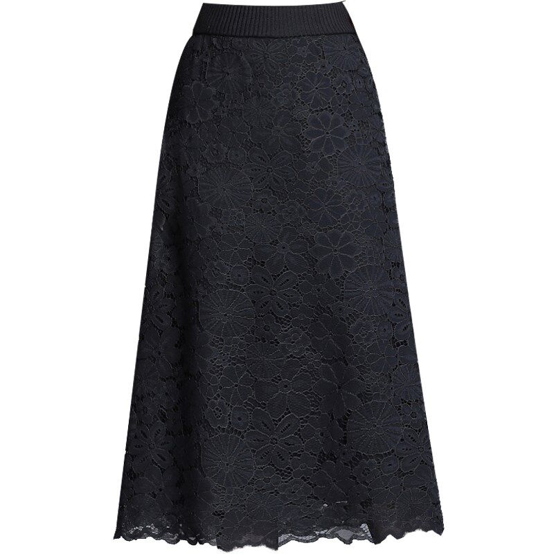 针织蕾丝半身裙女春秋2025新款高腰显瘦毛线中长款a字裙黑色长裙