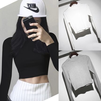 秋冬高腰紧身黑色上衣女纯棉短款显胸露脐打底衫内搭长袖漏脐t恤