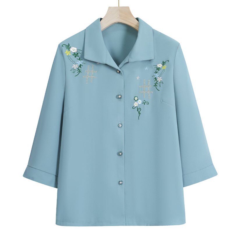 妈妈长袖衬衫薄款老人女夏装雪纺衫洋气上衣中老年人女春秋衬衣