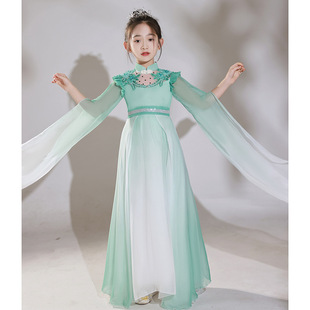 女大童定制古筝琵琶二胡演出服夏季果绿渐变色中国风走秀粉色汉服