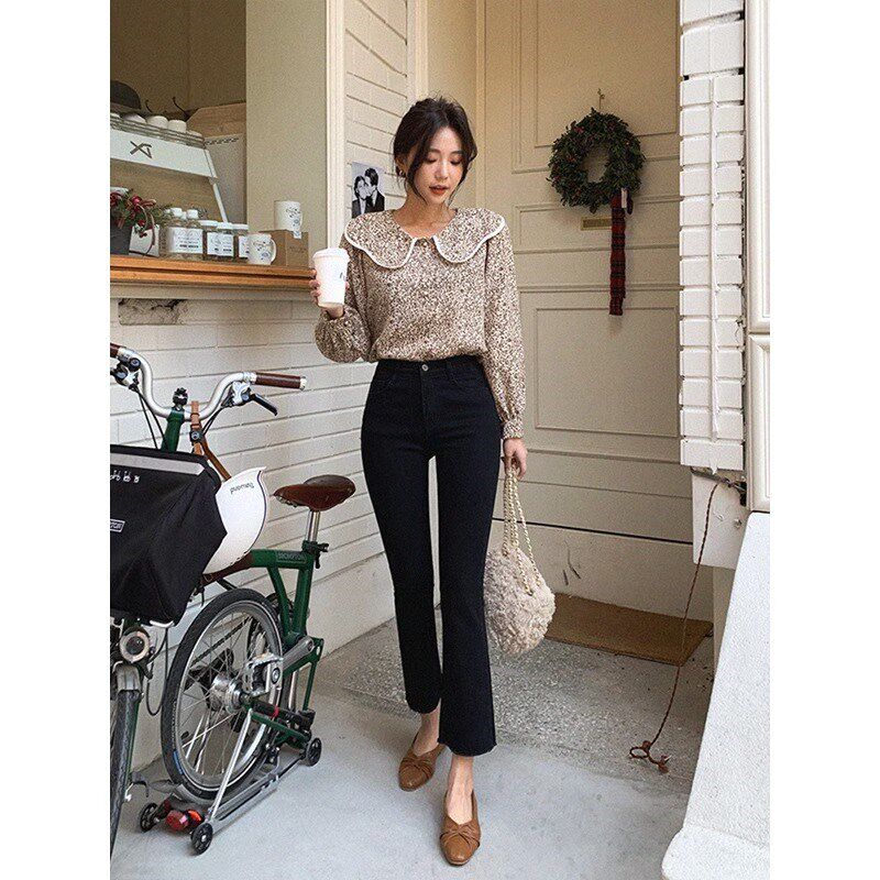 黑色微喇叭牛仔裤女2024新款春夏女士八分九分小个子显高裤弹力