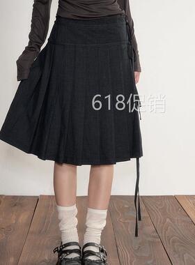 高级感深灰色学院风系带中长裙修身韩系百褶半身裙女春夏显瘦裙子