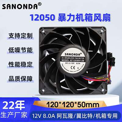 SANONDA 12025暴力风扇12V滚珠8.0A六线双插头散热风扇