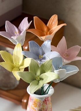 景德镇陶瓷花彷真手工陶瓷百合高级感轻奢高档客厅花瓶摆件礼物