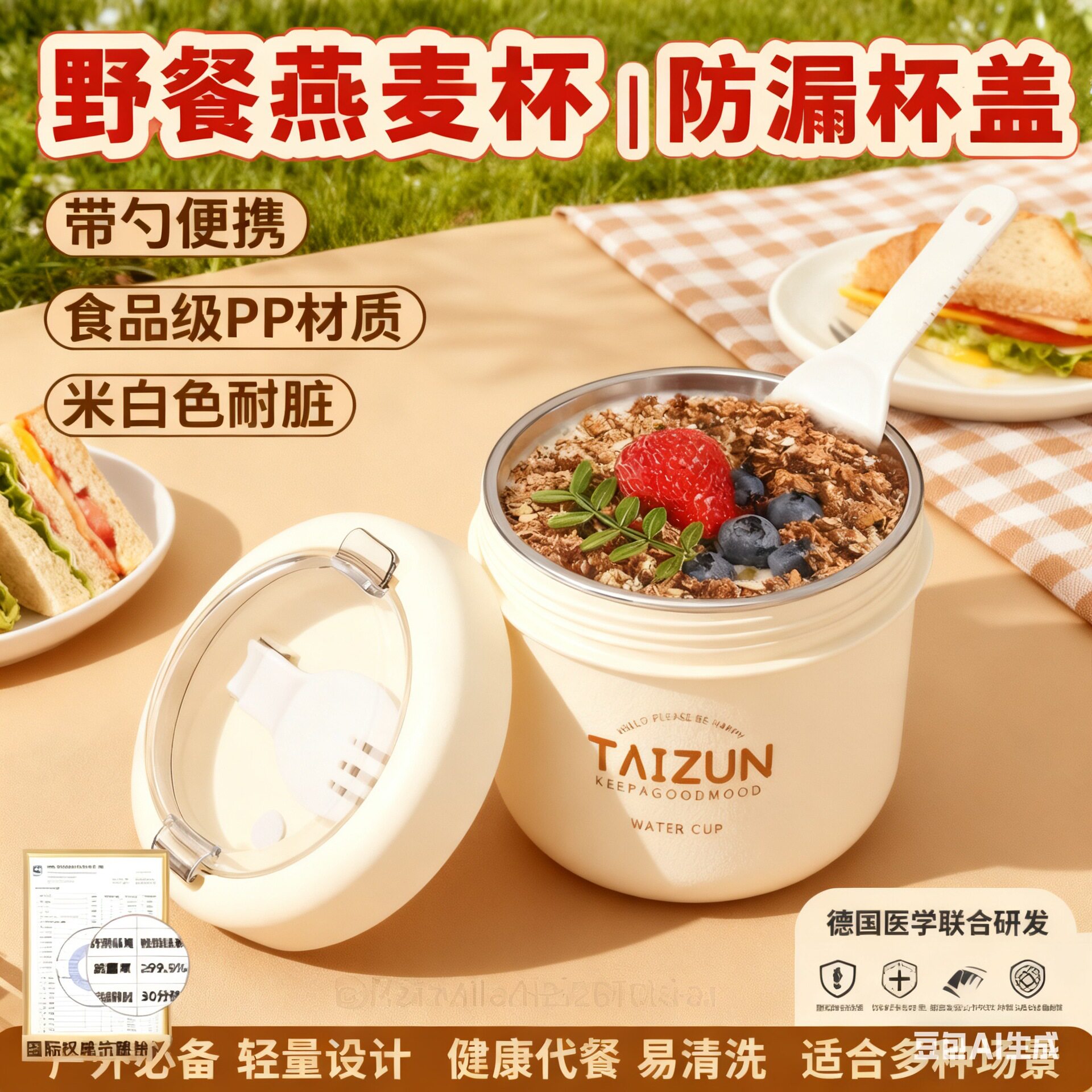 保温早餐杯带盖带勺便携牛奶杯隔夜燕麦杯豆浆杯密封杯酸奶杯新款