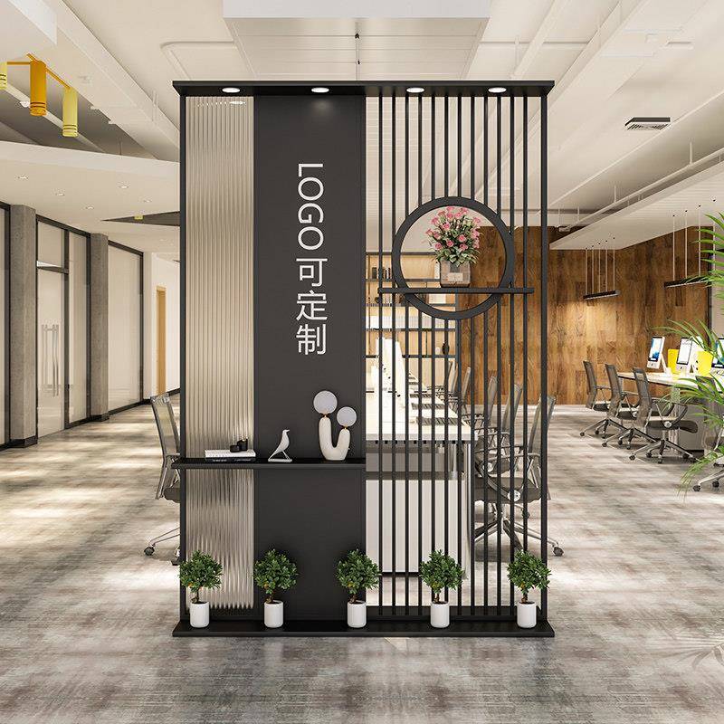 现代铁艺隔断办公室长虹玻璃屏风简约移动背景Logo墙公司前台挡板