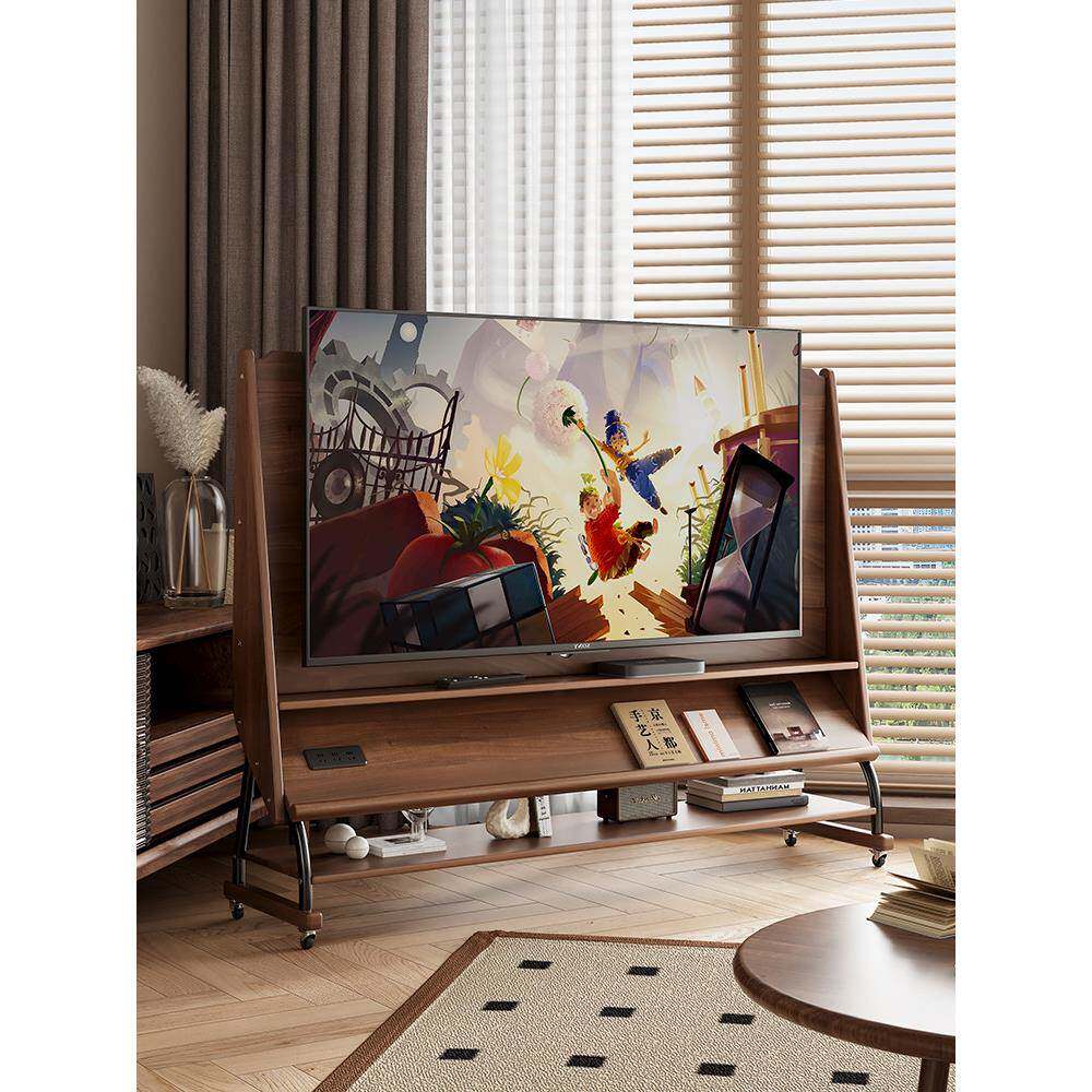 实木可移动电视柜客厅家用小户型中古风2025新款带轮储物电视支架