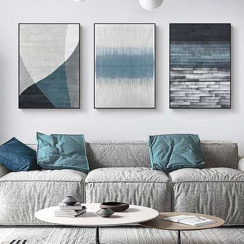 现代简约蓝色几何抽象客厅装饰画三联挂画极简艺术壁画厂家