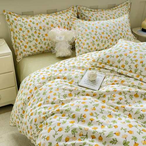 现代极简风雅四件套简约小碎花床单被套床笠式床上用品