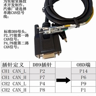 Kvaser CAN通信DB9检测线,DB9母头2,7脚引出屏蔽测试线带OBD插针